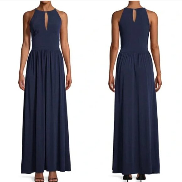 Michael Kors Navy Jersey Halter Maxi Slit Dress Sz M #296C - Picture 2 of 9